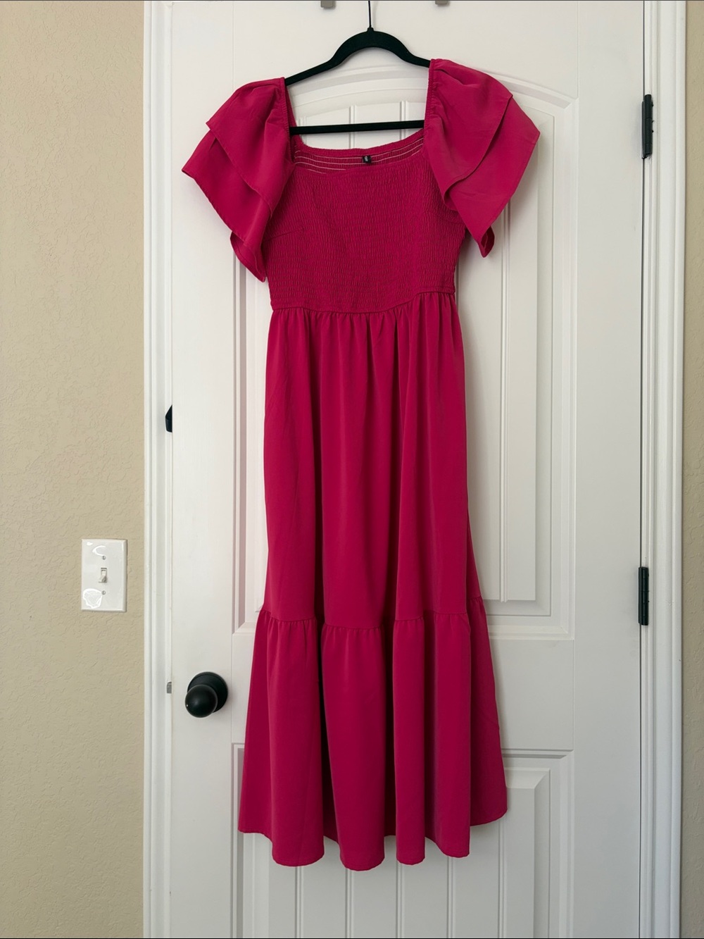 Bright Pink Maxi Dress with Ruffle Cap Sleeves